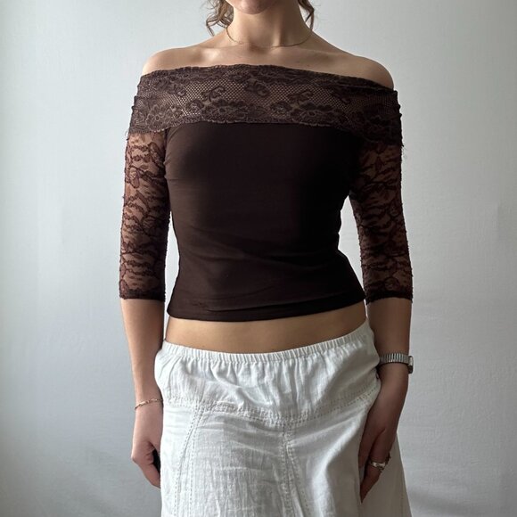 Off-the-Shoulder Brown 3/4 Sleeve Lace Trim Top - Picture 4 of 4